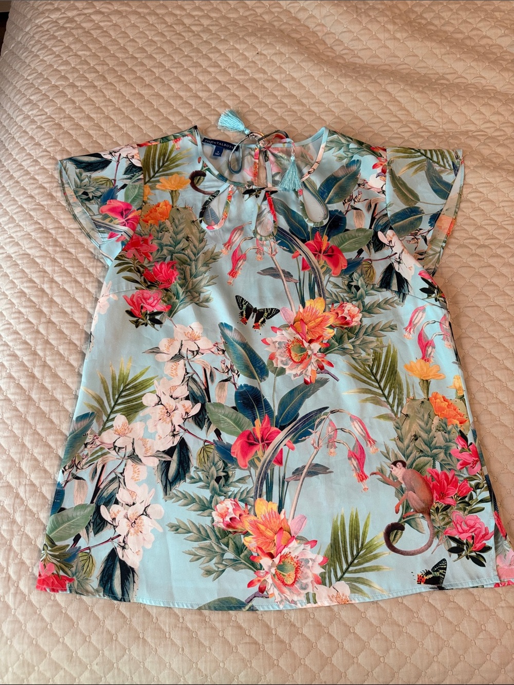 Talbots RSVP Floral Tassel Keyhole Top in Light Blue and Pink